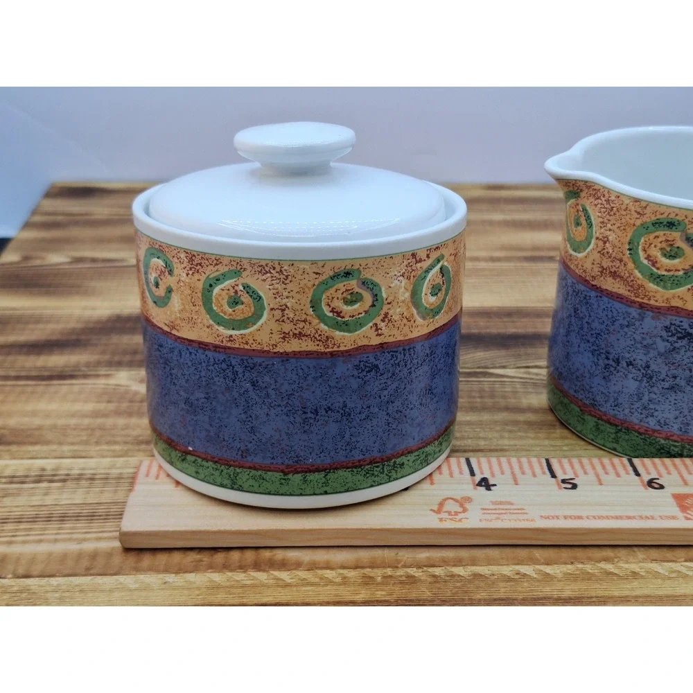 Vintage 1995 Sakura Malaga by Sue Zipkin Stoneware Creamer +‎ Sugar Bowl and Lid